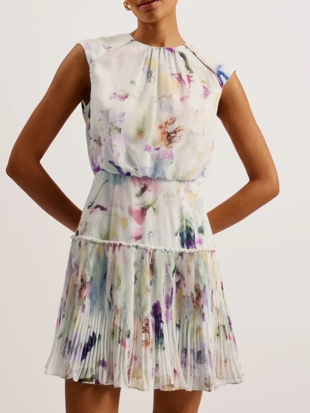Ted Baker Saintly Watercolor Floral Plissé Pleated $285 Mini Dress Size 1 / 4 US